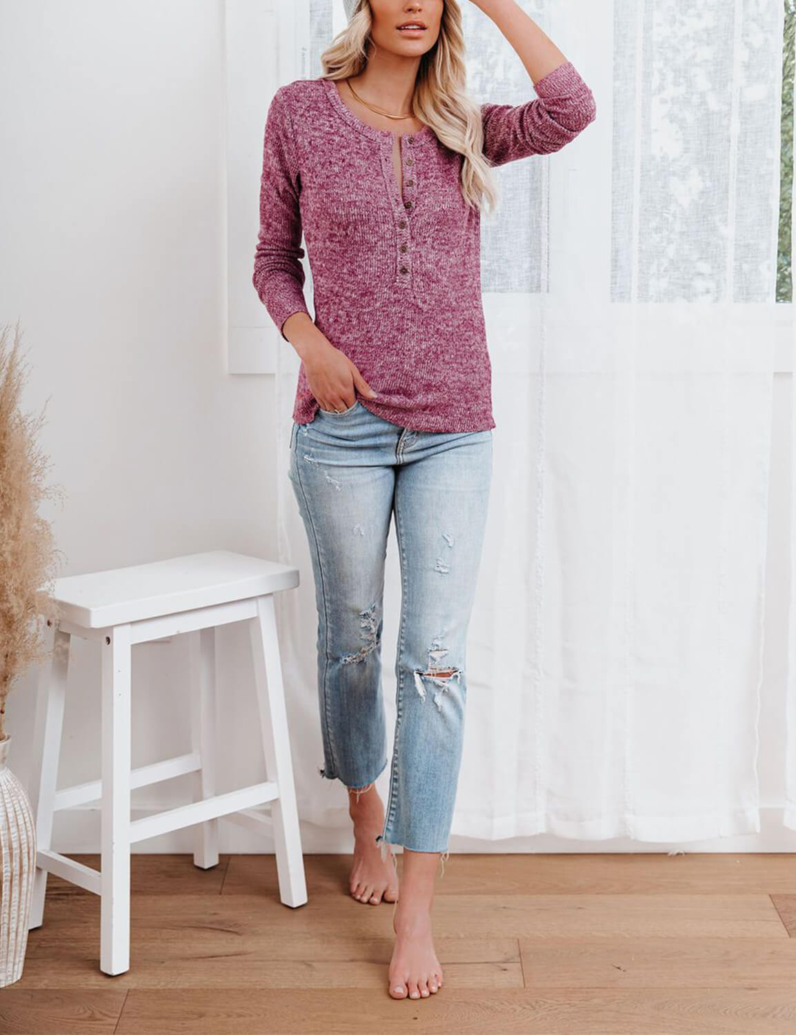 Simple Fashion Button Front Henley Sweater