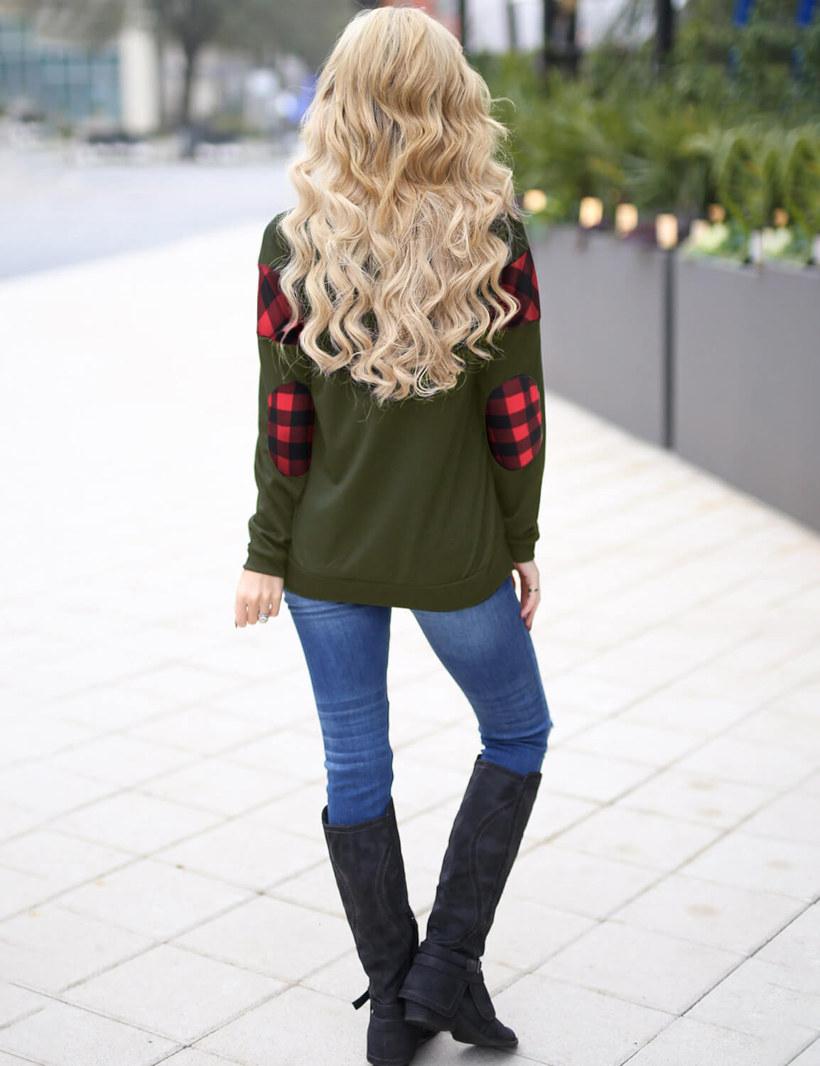 Casual Elbow Patched Checked Plaid Sweatshirt