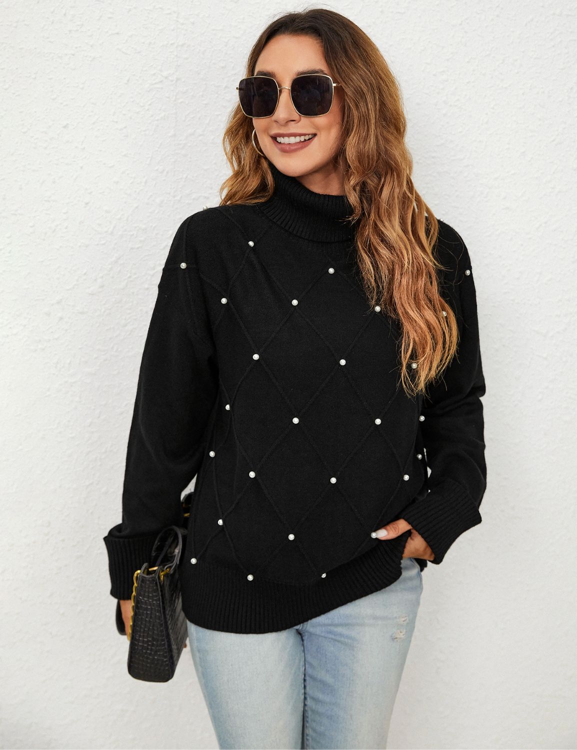 Cozy Turtle Neck Pullover Sweater with Pearls