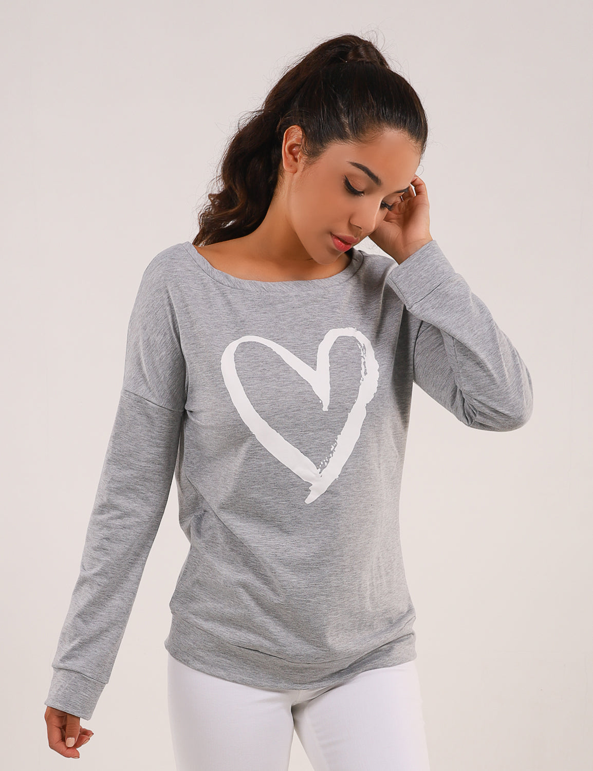 Heart Print Drop Shoulder Sweatshirt for Women