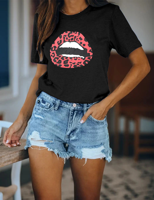 Blooming Jelly_Cute Leopard Red Lip T-Shirt_Graphic Print_154110_02_Women Casual Summer Wear_Tops_T-Shirt