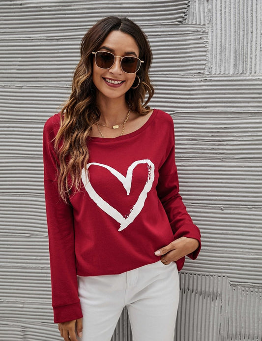 Heart Print Off the Shoulder Sweatshirt