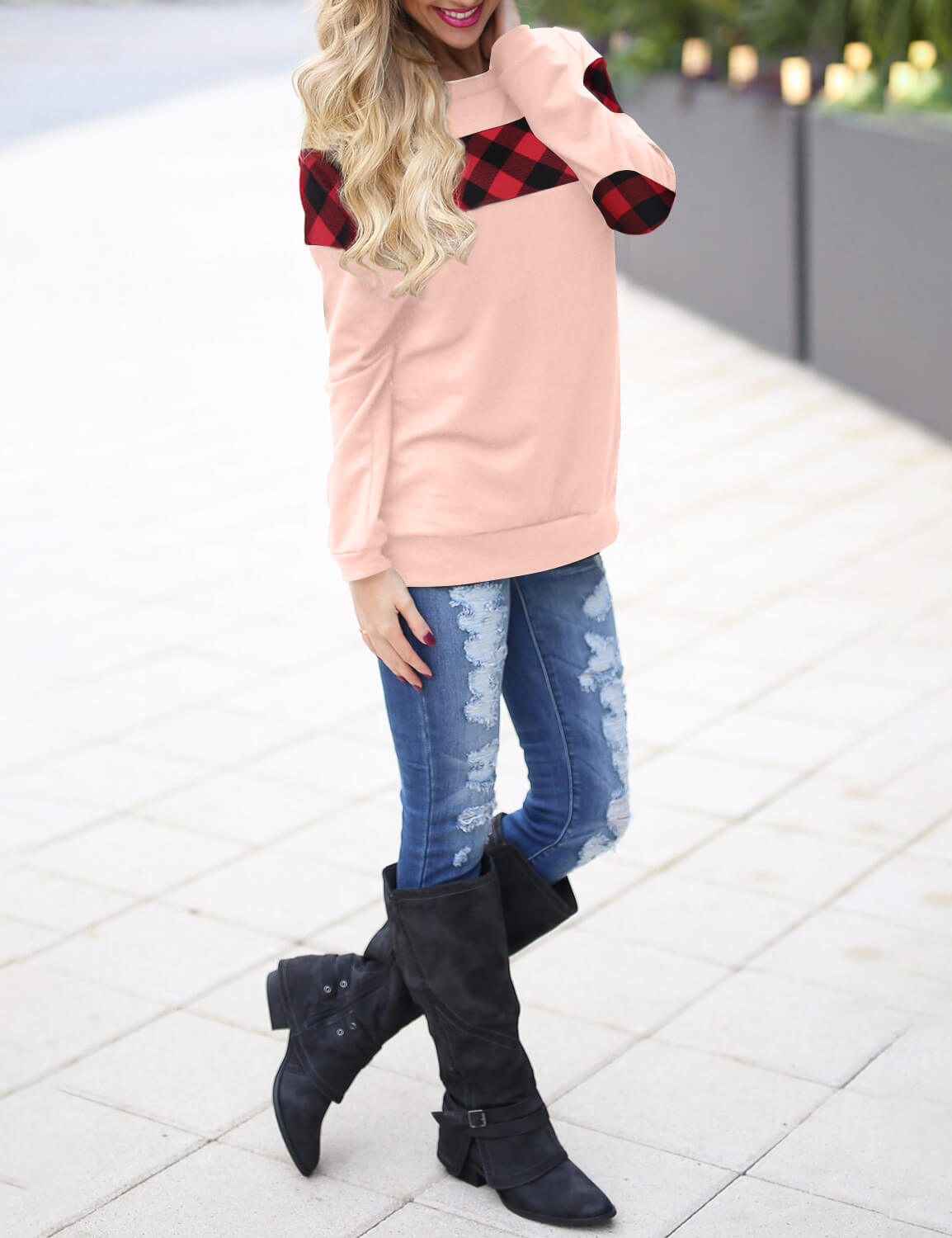 Checked Plaid Elbow Patched Sweatshirt
