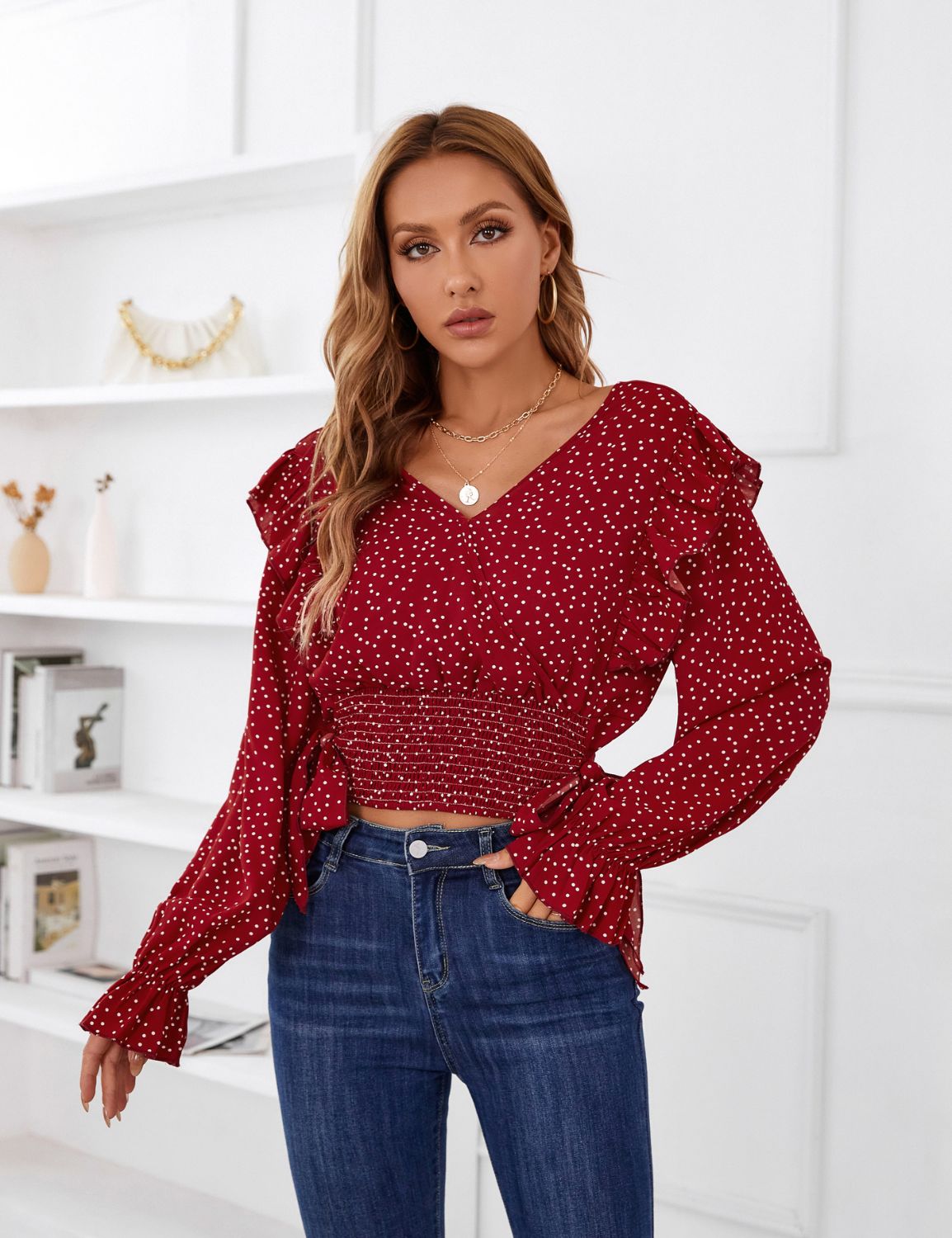 Classic Polka Dots Smocked Waist Cropped Blouse