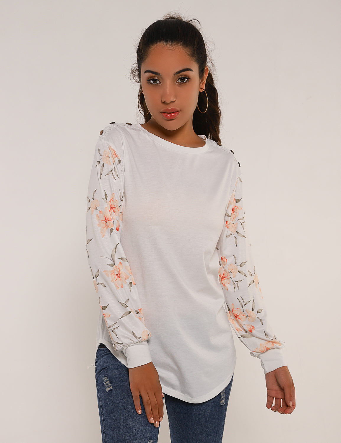 Graceful Floral Sleeves Drop Shoulder Sweatshirt - Blooming Jelly