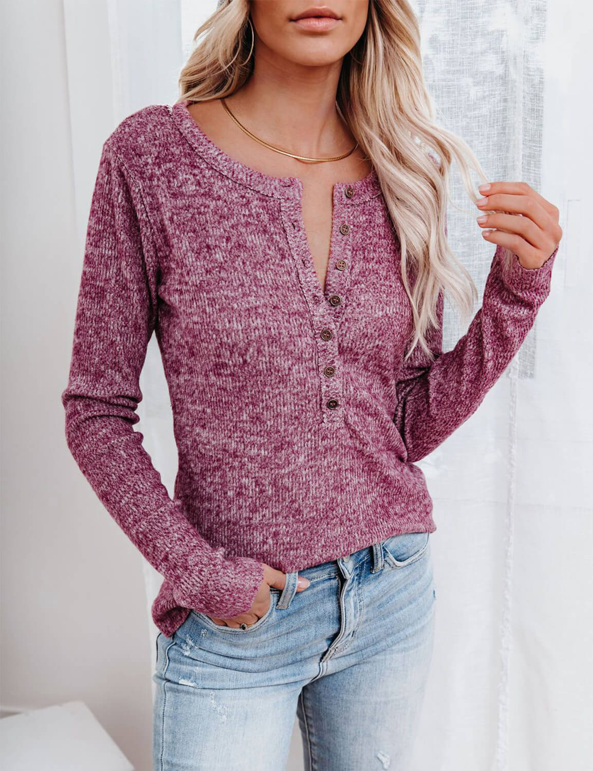 Simple Fashion Button Front Henley Sweater