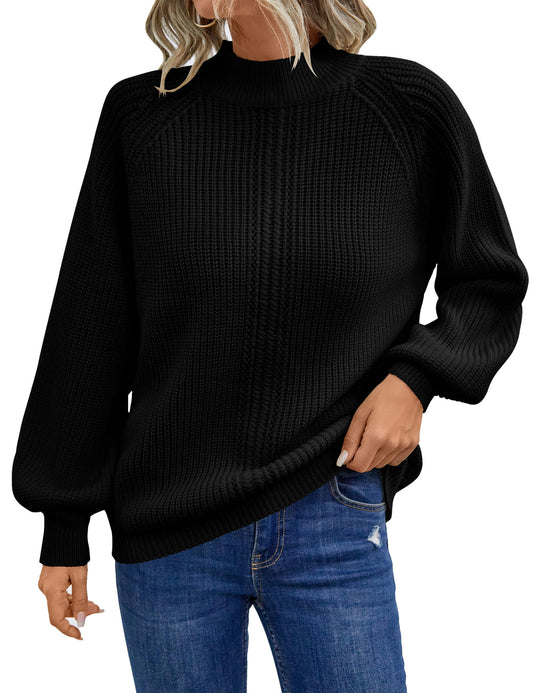 Turtle Neck Cable Knit Puff Sleeve Chunky Sweater