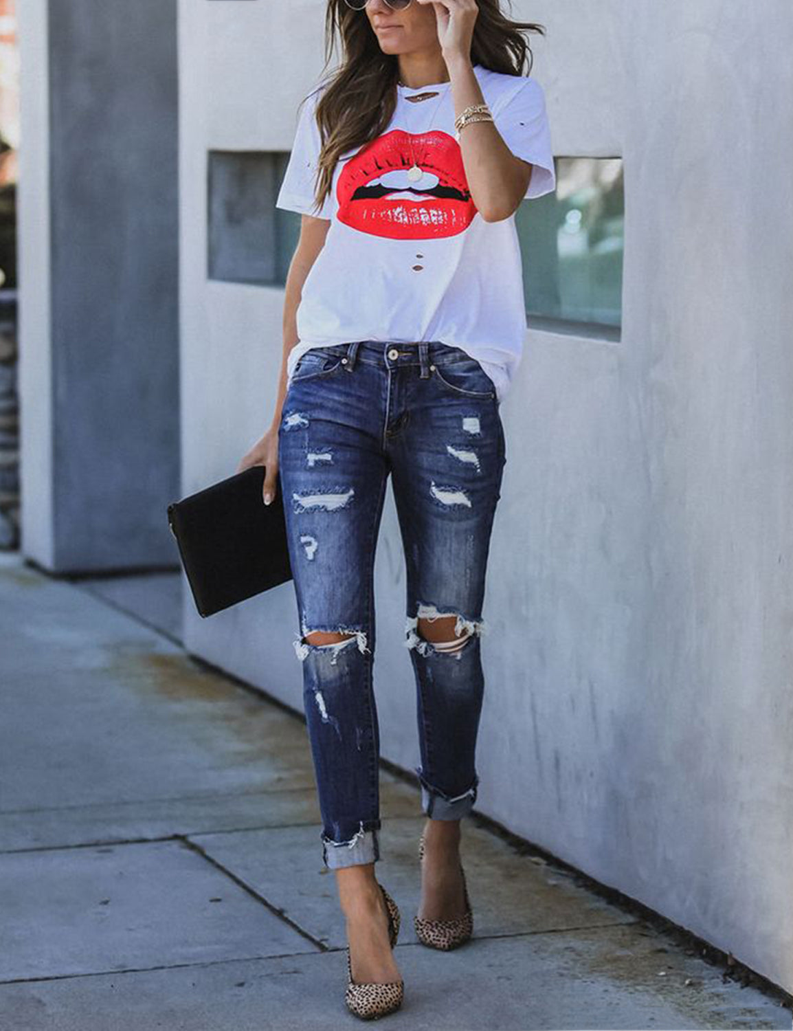 Blooming Jelly_Trendy Red Lip Hole T-Shirt_Graphic Print_153416_19_Women Casual Summer Wear_Tops_T-Shirt