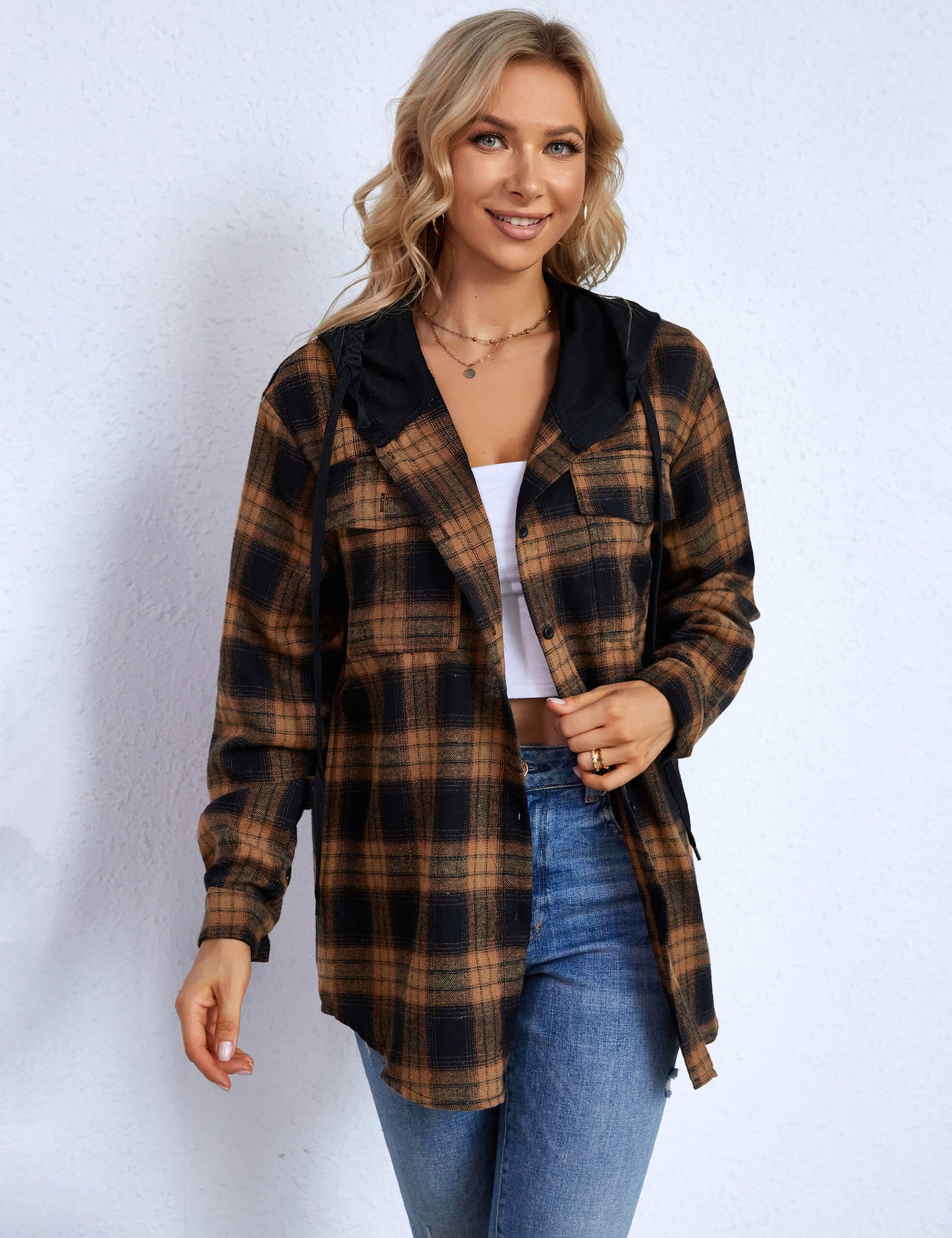 Casual Plaid Hooded Flannel Shirt Oversized Shacket