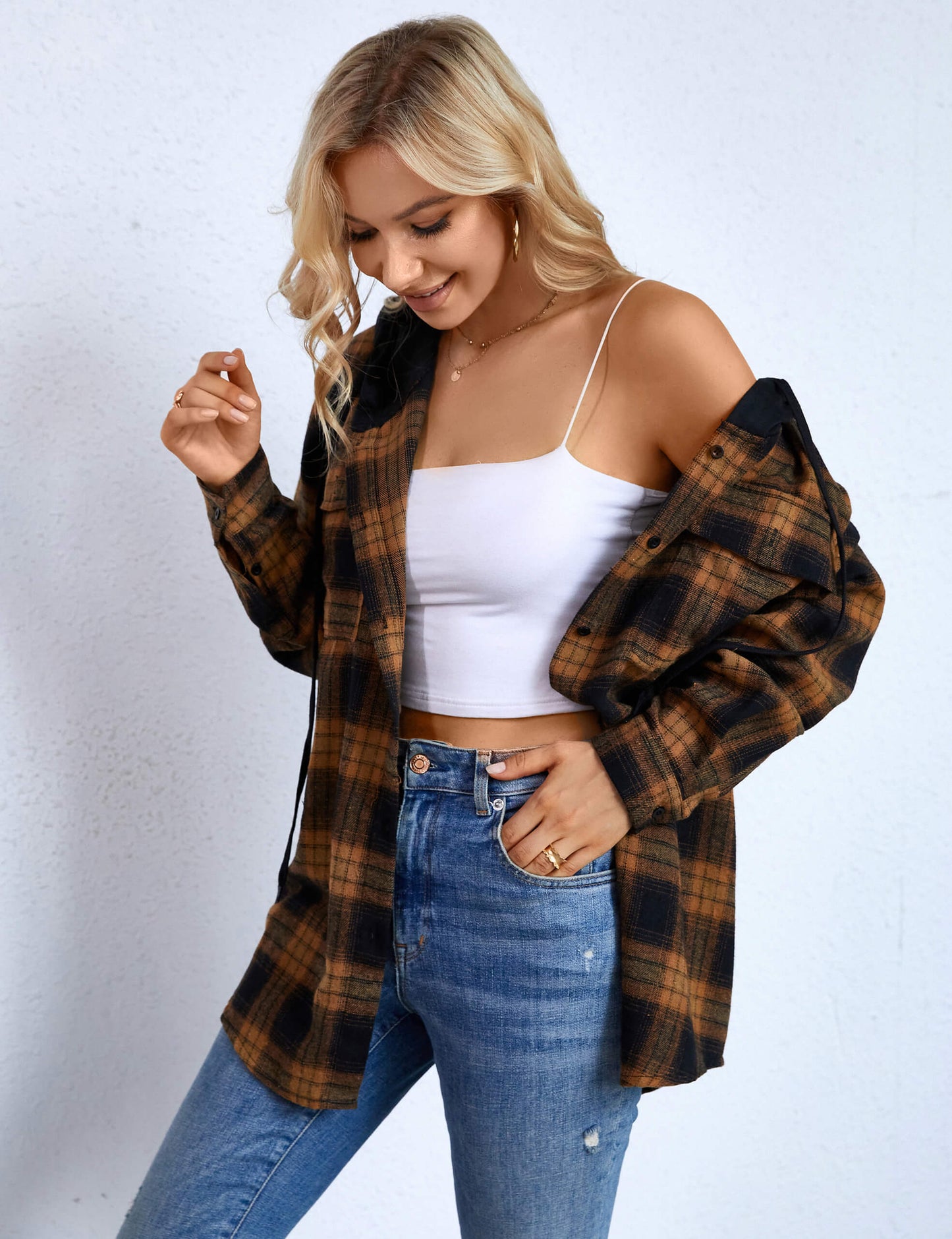 Casual Plaid Hooded Flannel Shirt Oversized Shacket