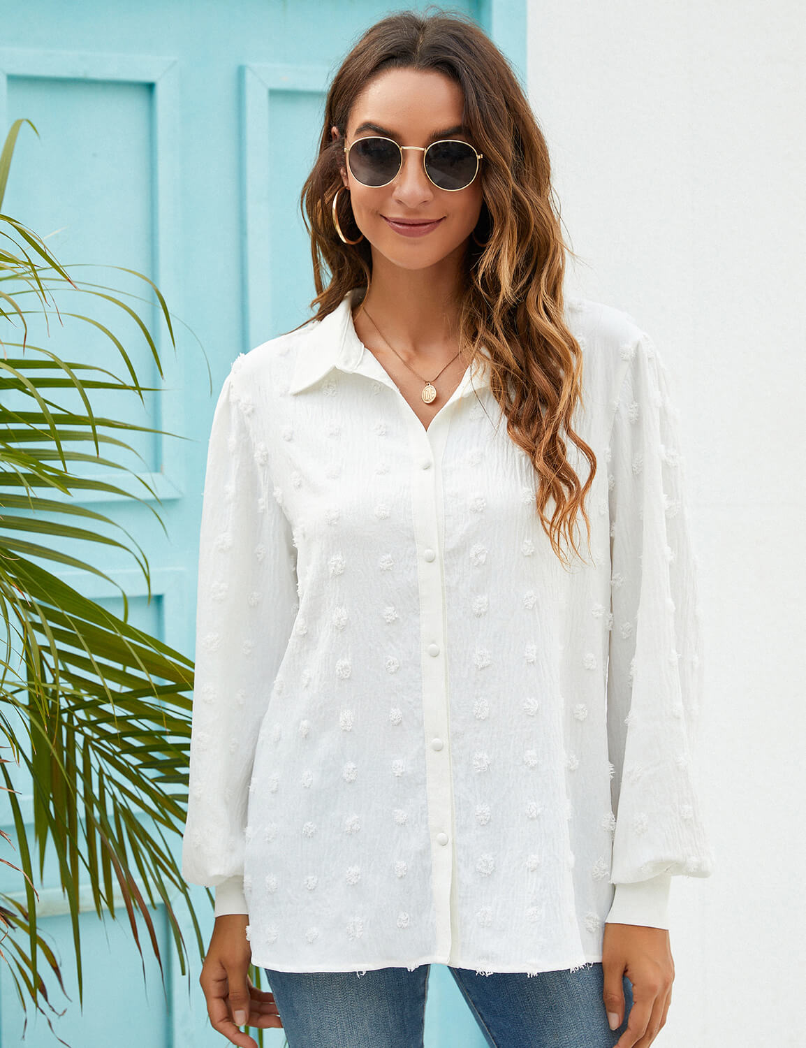 Women's Business Casual Dotted Swiss White Shirt | Blooming Jelly