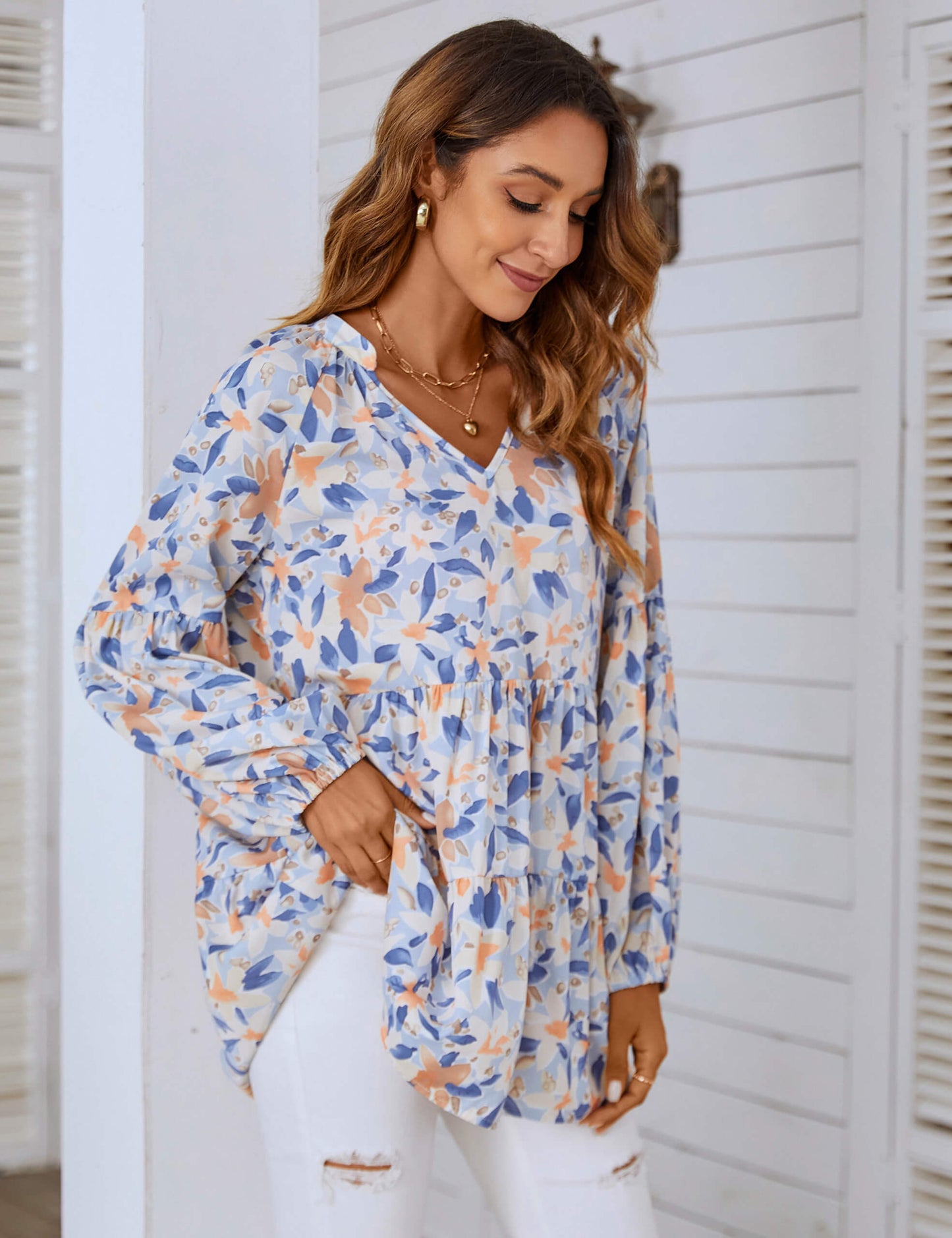 Dressy Floral Print Loose Tunic Blouse