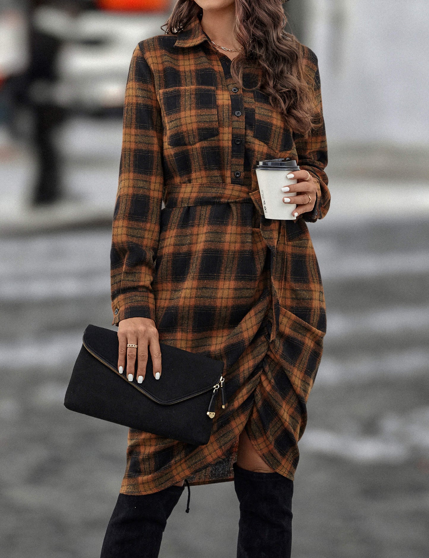 Plaid Flannel Shirt Casual Ruched Dress