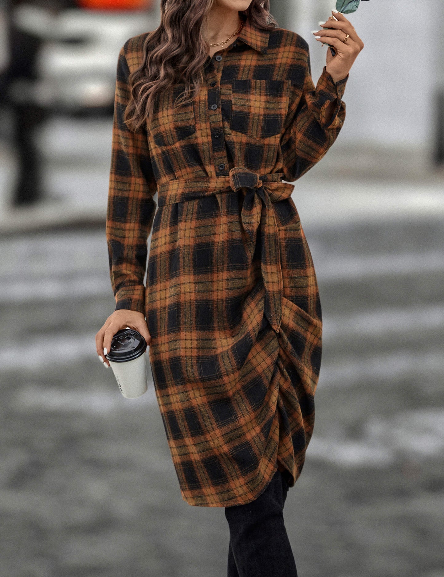 Plaid Flannel Shirt Casual Ruched Dress