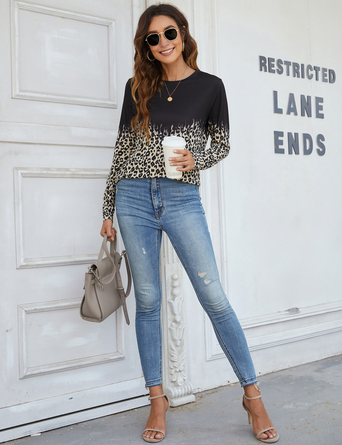 Leopard Print Color Block Long Sleeve T-Shirt