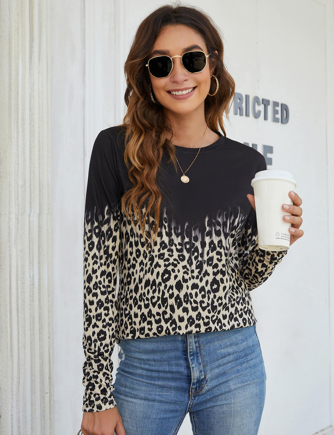 Leopard Print Color Block Long Sleeve T-Shirt