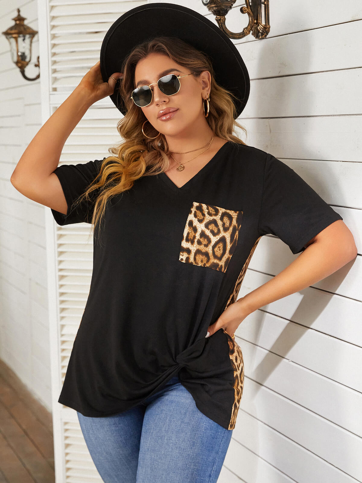 V Neck Twist Side Plus Size Loose Shirt